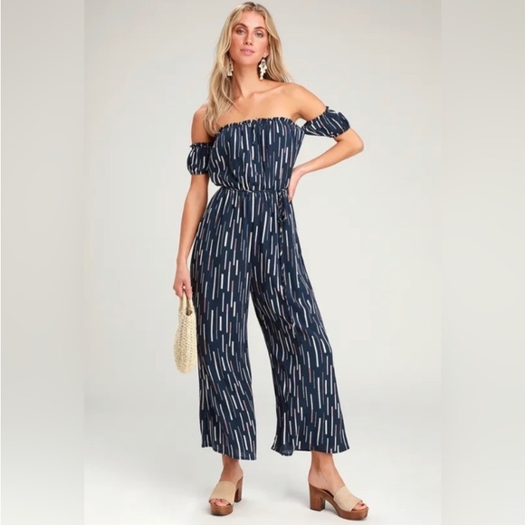 Lulus Pants - LULUS True Radiance Navy Blue Multi Print Off-the-Shoulder Jumpsuit S